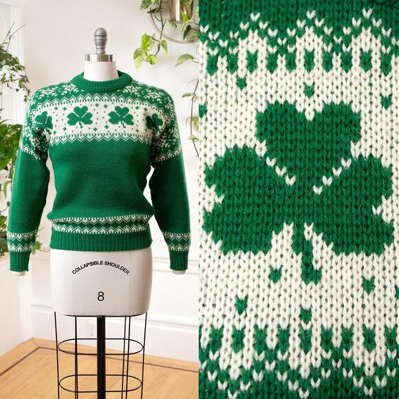 Vintage 1970s Sweater 70s Irish Clover Knit Wool Novelty Graphic